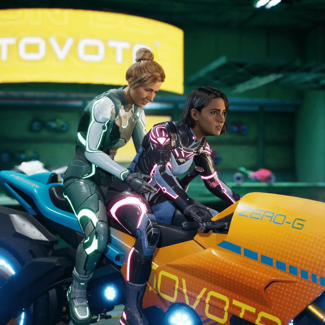 Mio and Zoe on a futuristic motorcycle